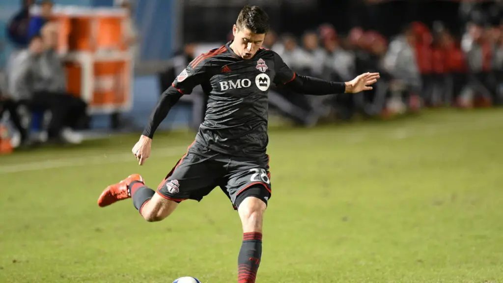 Toronto FC defender Mark Bloom takes a shot on goal during first-half action between Toronto FC and OKC Energy FC