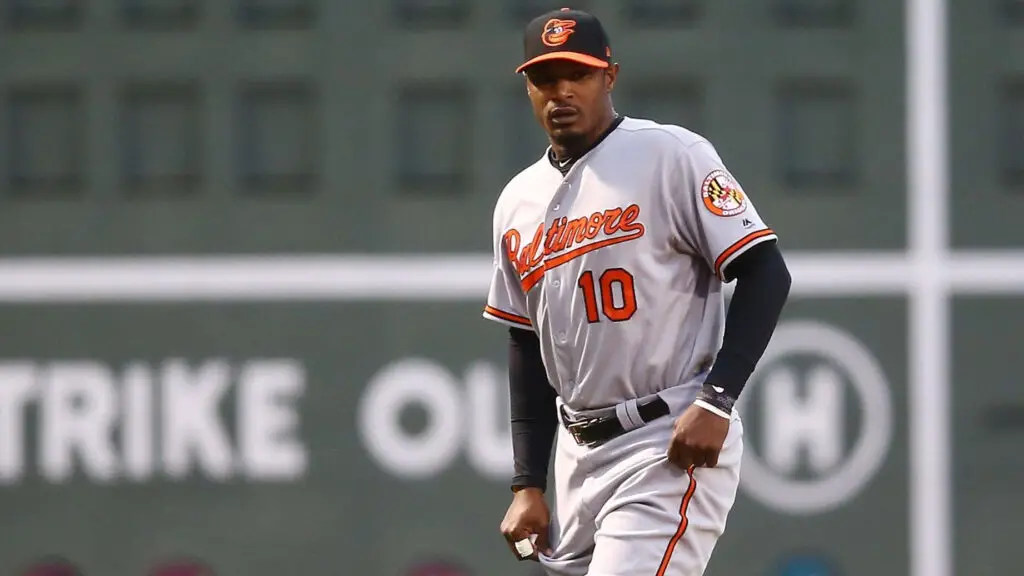 Baltimore Orioles outfielder Adam Jones looks on before the game against the Boston Red Sox