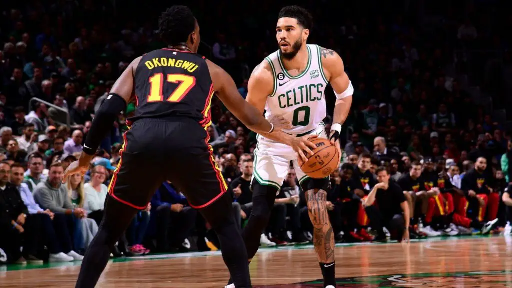 Boston Celtics star Jayson Tatum handles the ball during Round 1 Game 2 of the 2023 NBA Playoffs
