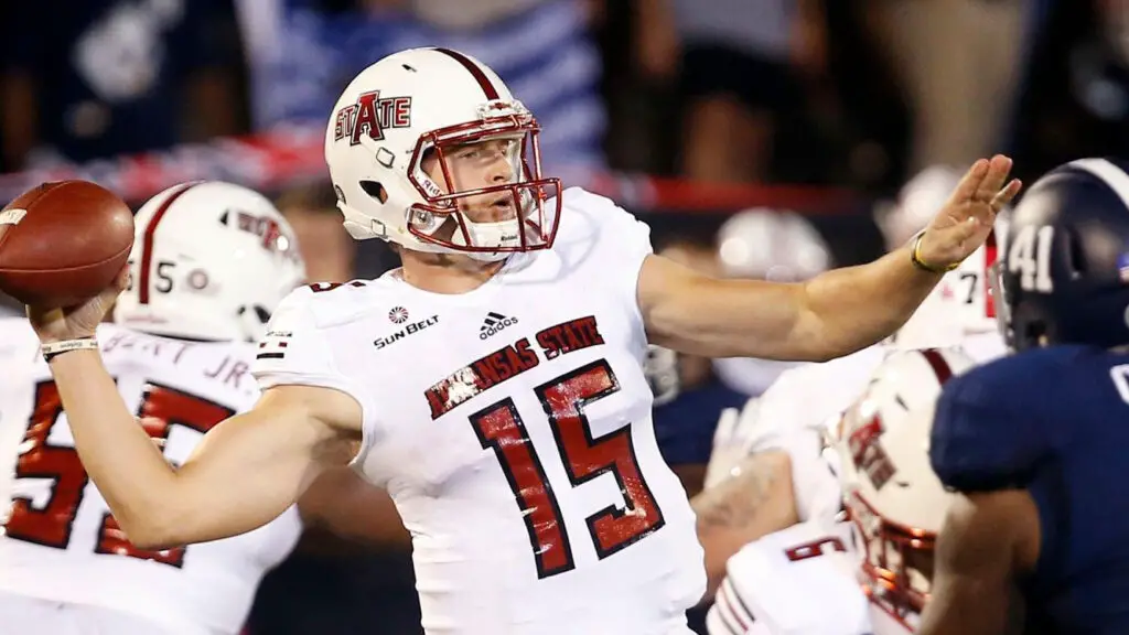 Arkansas State Red Wolves quarterback Justice Hansen throws a pass against the Georgia Southern Eagles
