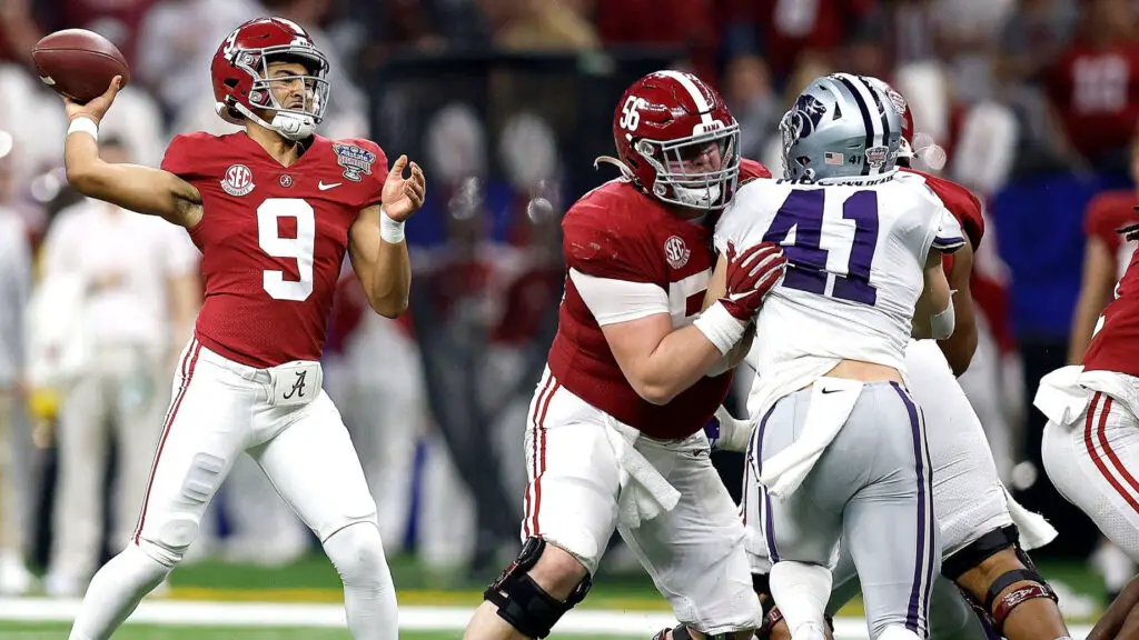 Former Alabama Crimson Tide quarterback Bryce Young drops back to throw a pass during the second quarter of the Allstate Sugar Bowl against the Kansas State Wildcats