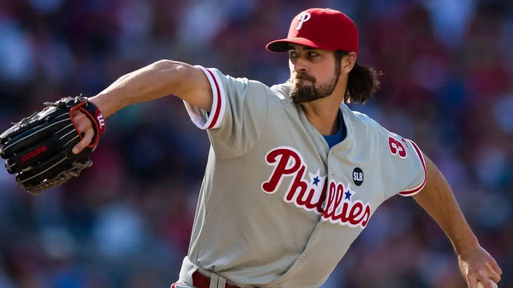 Philadelphia Phillies pitcher Cole Hamels throws a pitch against the Washington Nationals in the fifth inning