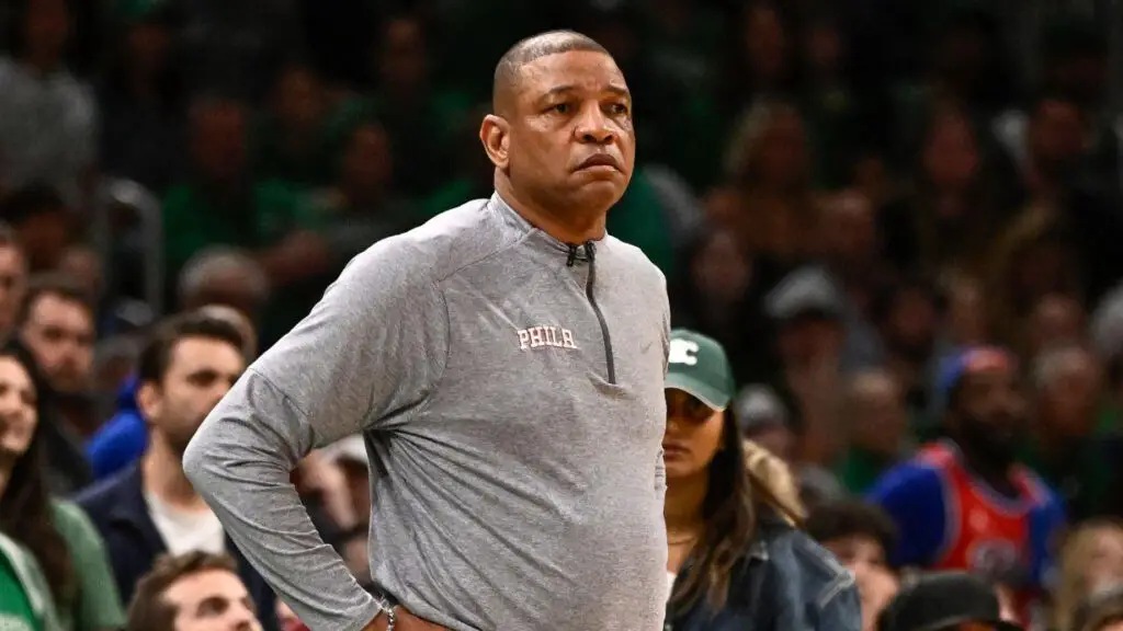 Former Philadelphia 76ers head coach Doc Rivers looks on during Game 7 against the Boston Celtics of the 2023 NBA playoffs