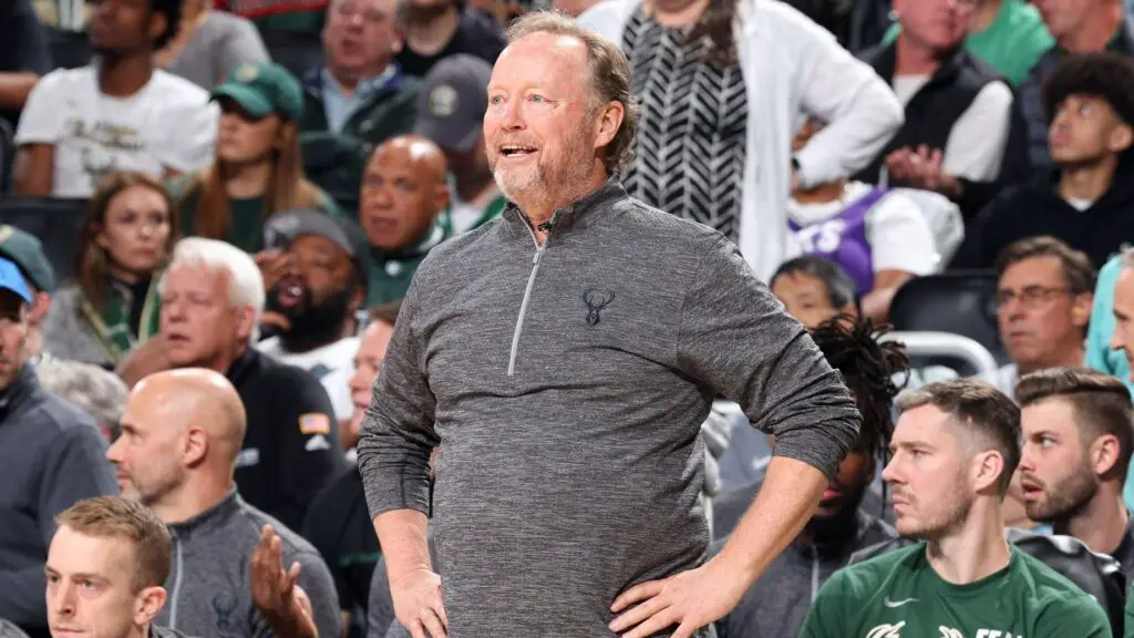 Former Milwaukee Bucks head coach Mike Budenholzer looks on during the game against the Miami Heat during the 2023 NBA Playoffs in Game 5 