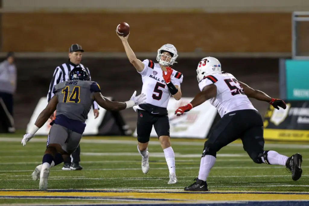 Ball State Cardinals quarterback John Paddock throws a pass during the first quarter of their college football game between the Ball State Cardinals and Kent State Golden Flashes