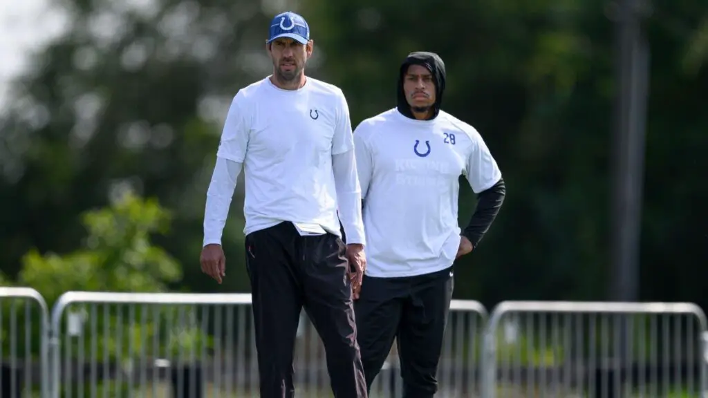 Indianapolis Colts head coach Shane Steichen and Indianapolis Colts running back Jonathan Taylor talk on the sidelines during the Indianapolis Colts Training Camp