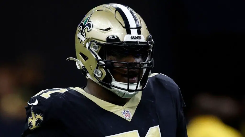 New Orleans Saints guard Cesar Ruiz looks on during the game against the Seattle Seahawks