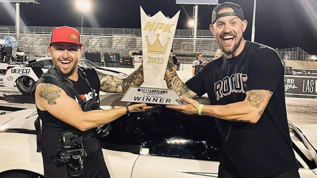 Street Outlaws No Prep Kings driver Damon Merchant celebrates his first No Prep Kings Invitational win at Las Vegas Motor Speedway