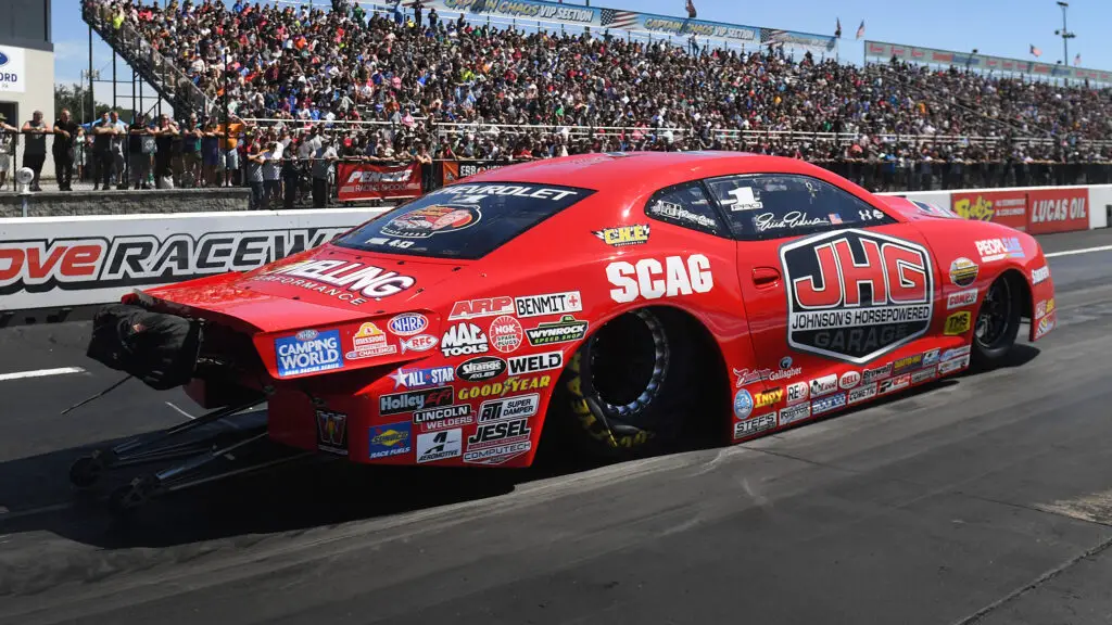 Johnson's Horsepowered Garage Pro Stock driver Erica Enders on prepares to make a pass during the Pep Boys NHRA Nationals at Maple Grove Raceway