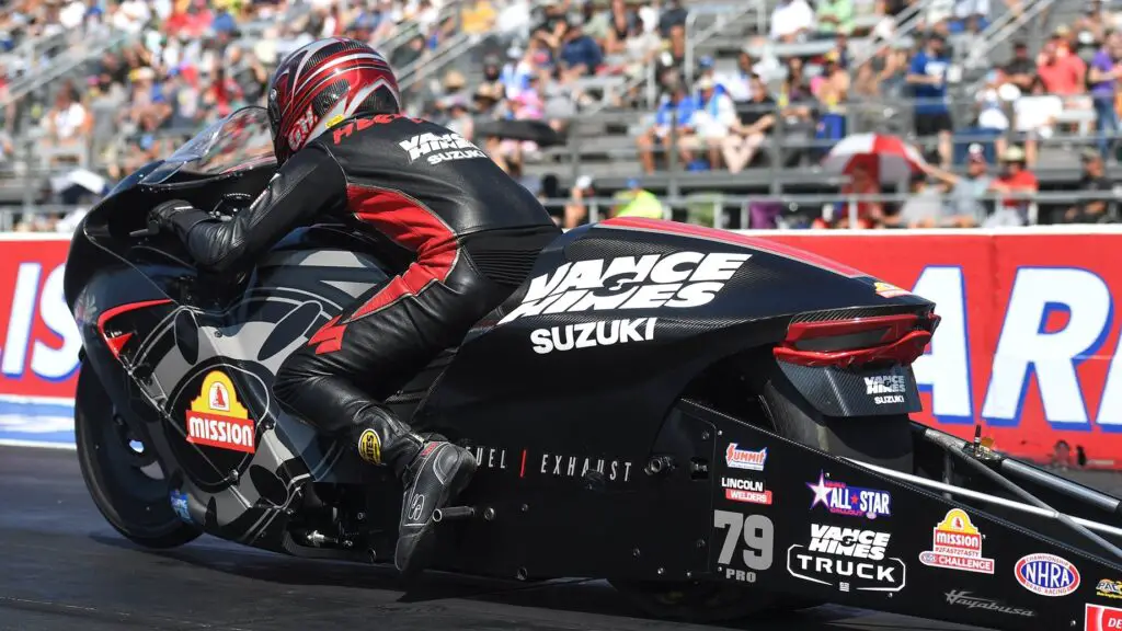 Vance & Hines and Mission Foods sponsored Pro Stock Motorcycle rider Gaige Herrera prepares to make a pass on Saturday at the 69th annual Dodge Power Brokers NHRA U.S. Nationals