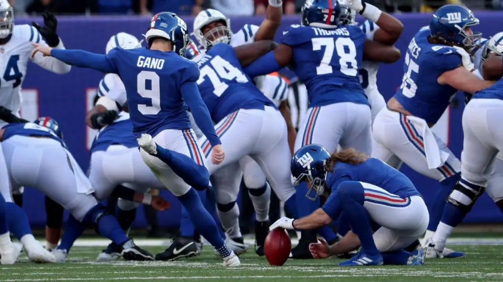 New York Giants kicker Graham Gano kicks a field goal against the Indianapolis Colts during the second quarter