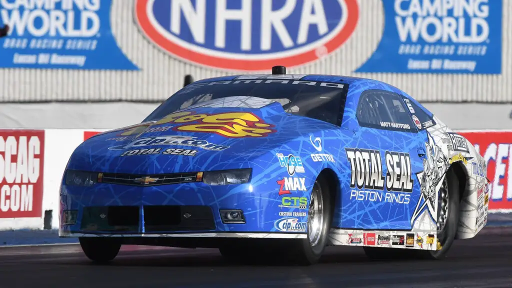 Total Seal Pro Stock driver Matt Hartford making a pass during the 60th annual Dodge Power Brokers NHRA U.S. Nationals at Lucas Oil Indianapolis Raceway Park