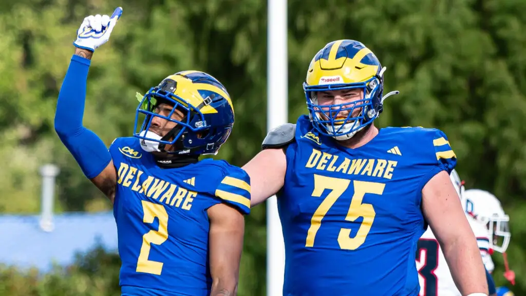 Delaware Fightin’ Blue Hends wide receiver Jojo Bermudez points to the sky after scoring a touchdown against the Duquesne Dukes