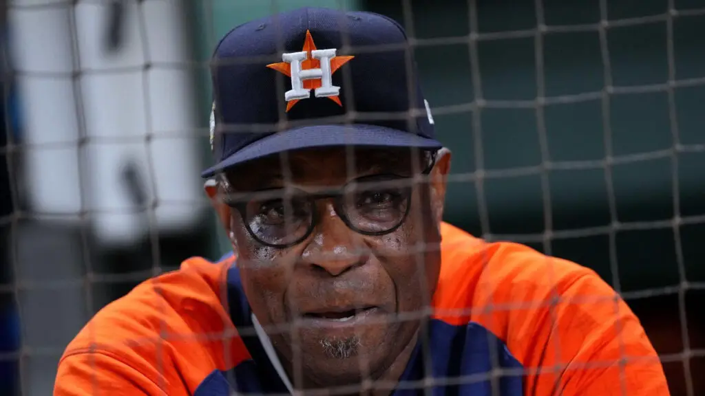 Former Houston Astros manager Dusty Baker looks on before Game 7 of the ALCS between the Texas Rangers and the Houston Astros