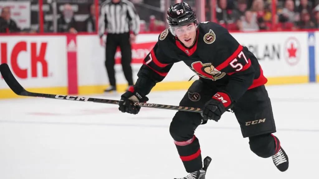 Ottawa Senators player Shane Pinto skates against the Boston Bruins