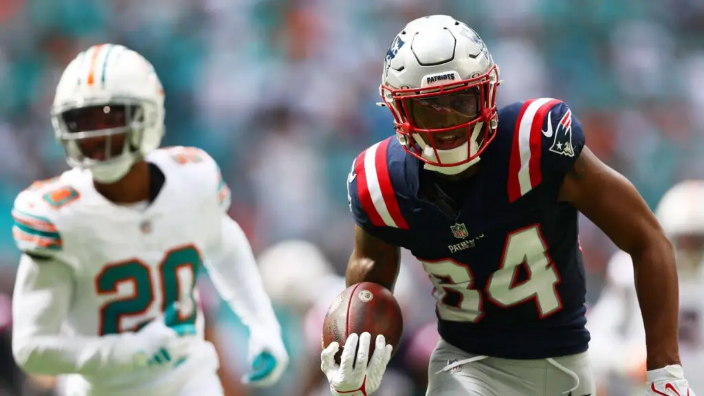 New England Patriots wide receiver Kendrick Bourne runs after a catch for a touchdown during the first quarter against the Miami Dolphins