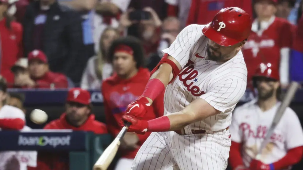 Philadelphia Phillies slugger Kyle Schwarber hits a solo shot in the sixth inning, homering in back-to-back at-bats against the Arizona Diamondbacks in Game 2 of MLB's National League Championship Series