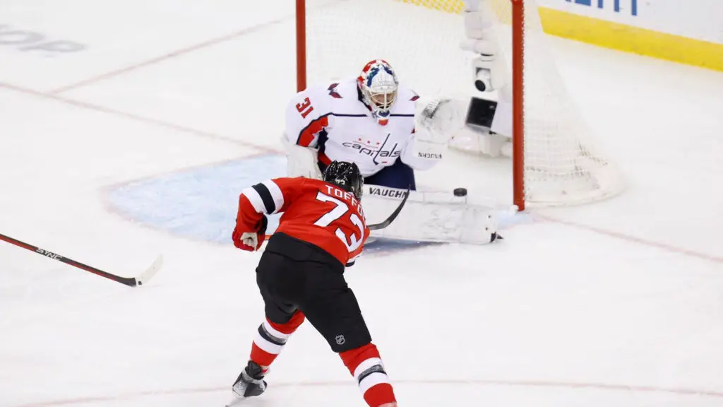New Jersey Devils player Tyler Toffoli scores a goal against the Washington Capitals in the second period