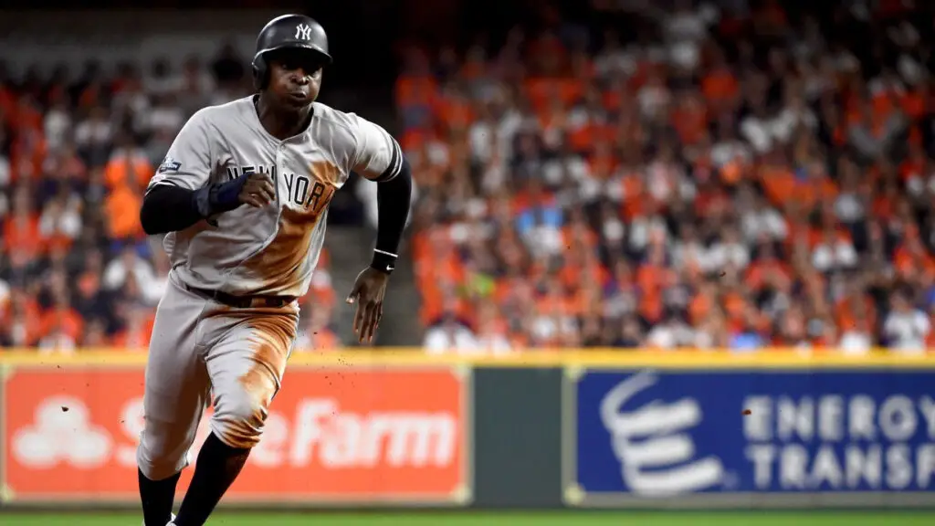 Former New York Yankees player Didi Gregorius runs the bases to score on a single hit by Gary Sanchez during the second inning of Game 6 of the ALCS between the New York Yankees and the Houston Astros