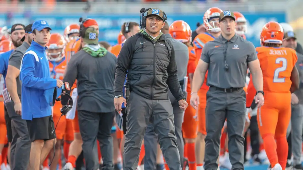 Former Boise State Broncos head coach Andy Avalos cracks a smile during the first half of the game against the Colorado State Rams