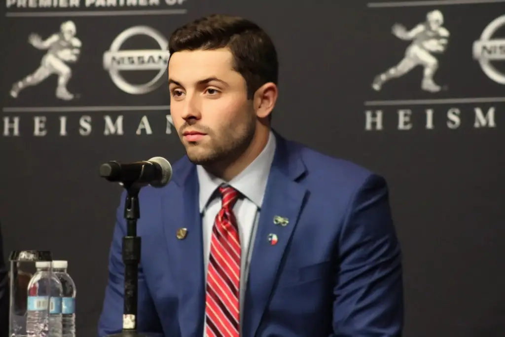 Oklahoma Sooners quarterback Baker Mayfield speaking at the podium before he won the Heisman Trophy