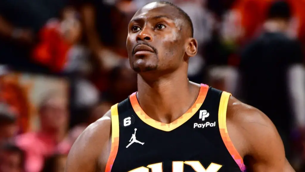 Former Phoenix Suns big man Bismack Biyombo looks on during Game 6 of the 2023 NBA Playoffs Western Conference semi-finals
