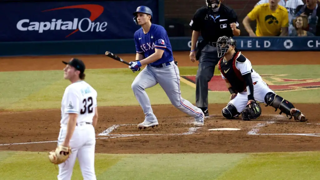 Texas Rangers star Corey Seager hits a two-run home run in the third inning during Game 3 of the 2023 World Series between the Texas Rangers and the Arizona Diamondbacks