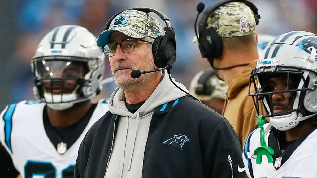 Former Carolina Panthers head coach Frank Reich looks on during the first quarter against the Tennessee Titans