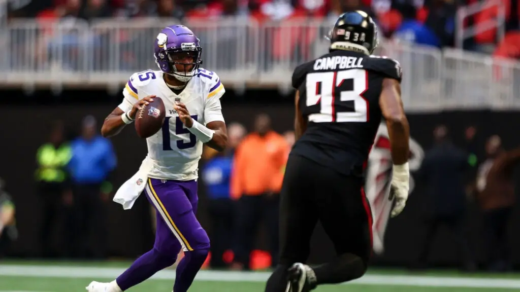 Minnesota Vikings quarterback Joshua Dobbs throws a pass during the second quarter of an NFL football game against the Atlanta Falcons