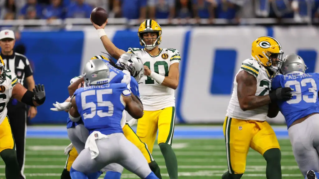 Green Bay Packers quarterback Jordan Love throws a pass against the Detroit Lions during the third quarter of the game