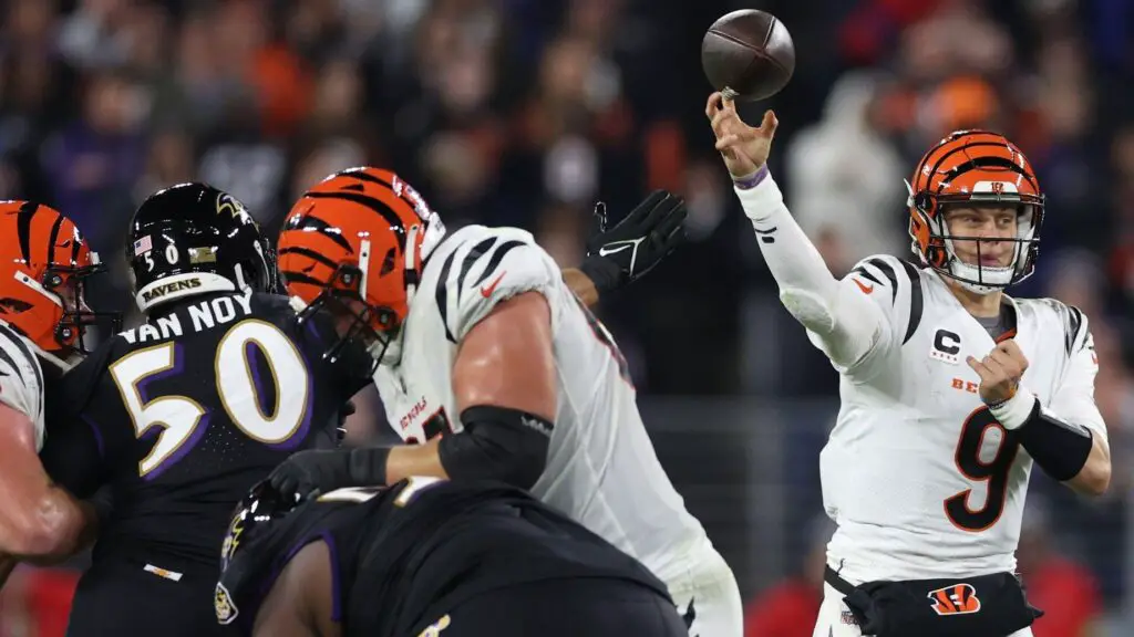 Cincinnati Bengals quarterback Joe Burrow looks to pass against the Baltimore Ravens during the second quarter of the game