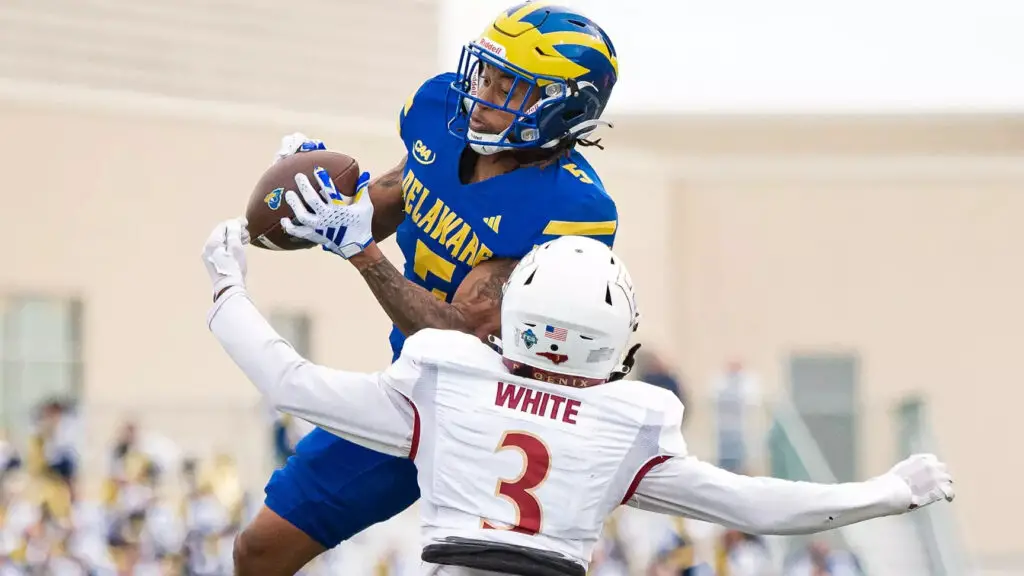 Delaware Blue Hens wide receiver Joshua Youngblood makes a reception against the Elon Phoenix