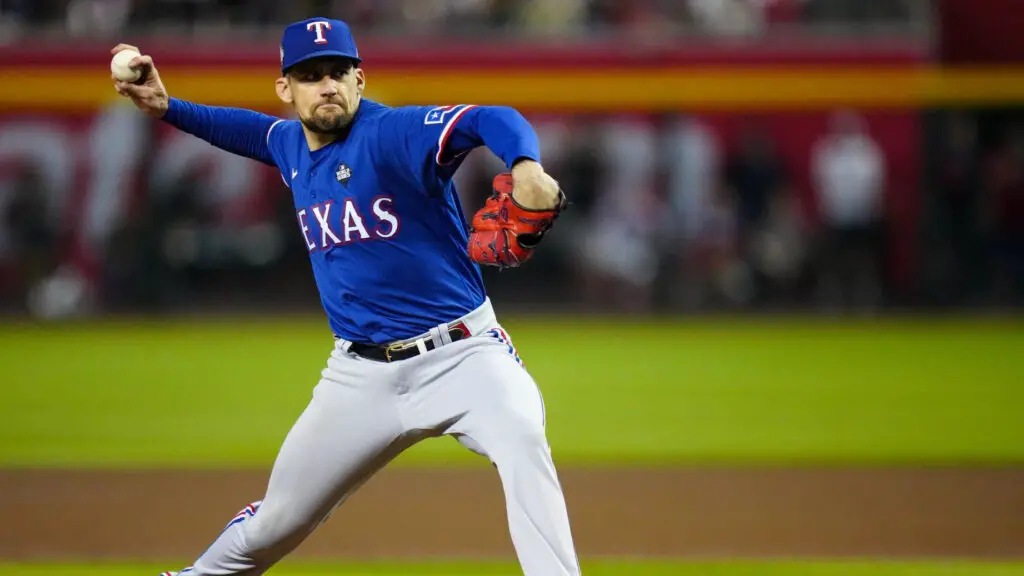 Texas Rangers pitcher Nathan Eovaldi pitches during Game 5 of the 2023 World Series between the Texas Rangers and the Arizona Diamondbacks