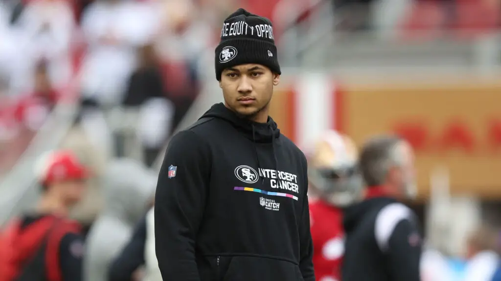 Former San Francisco 49ers quarterback Trey Lance looks on before the game against the Tampa Bay Buccaneers