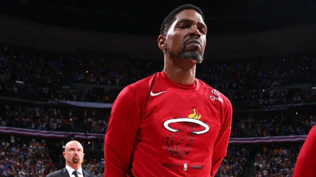 Miami Heat legend Udonis Haslem stands for the National Anthem before the game against the Denver Nuggets during Game Five of the 2023 NBA Finals 