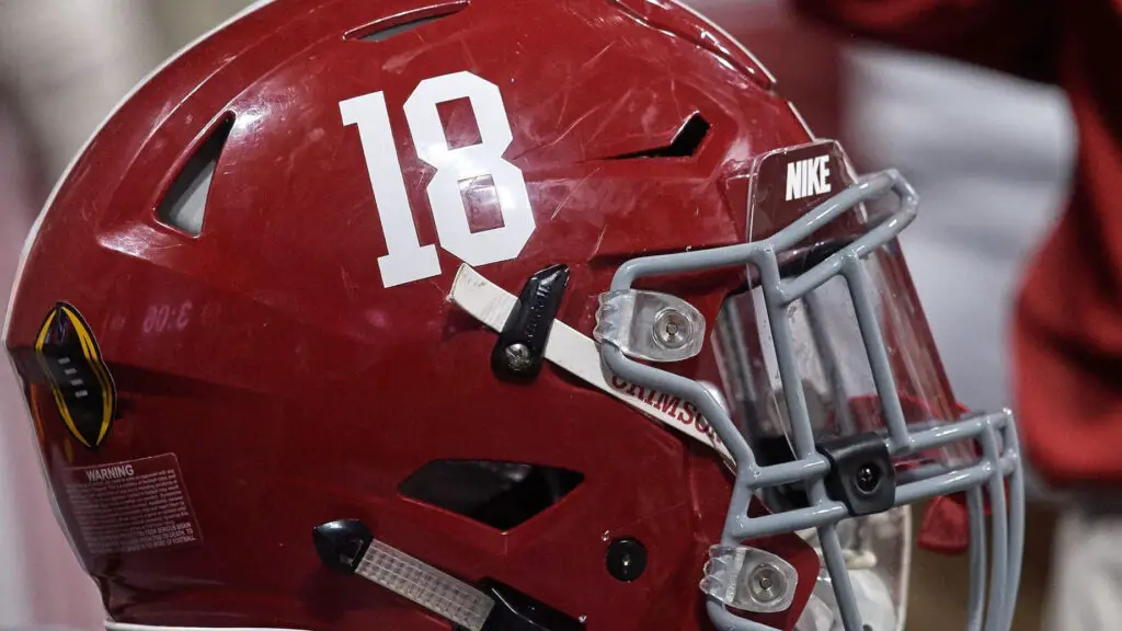 A detailed view of an Alabama Crimson Tide helmet is seen during the College Football Playoff National Championship Game between the Alabama Crimson Tide and the Georgia Bulldogs