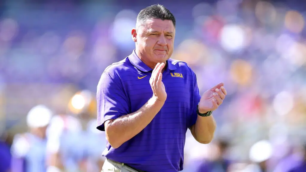 Former LSU Tigers head coach Ed Orgeron reacts during a game against the Florida Gators