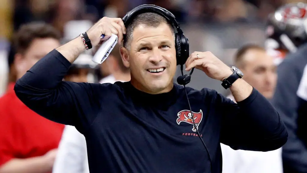 Former Tampa Bay Buccaneers head coach Greg Schiano watches the action from the sideline in the first half of play against the New Orleans Saints