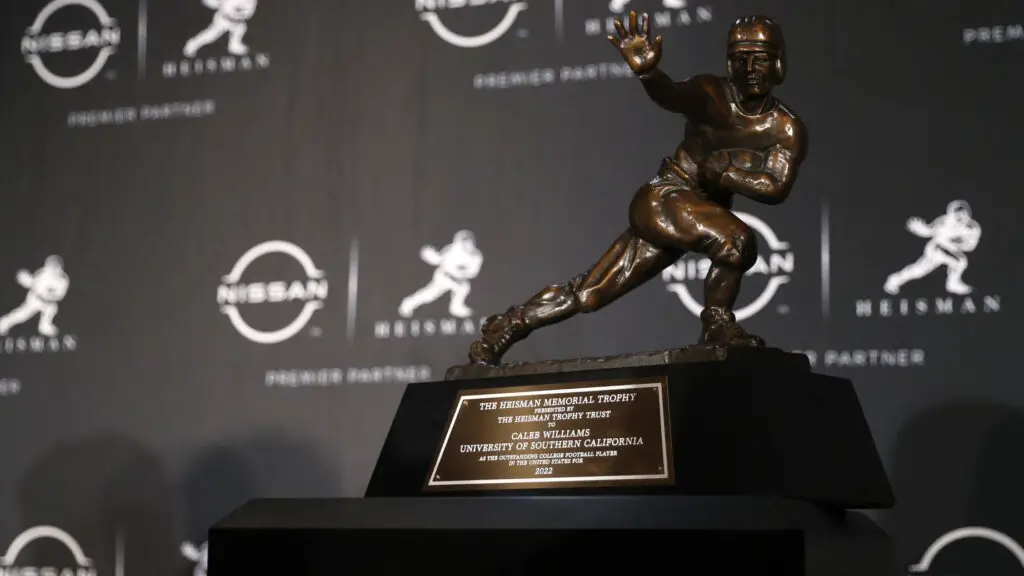 A general view of the Heisman Trophy during a press conference at the 2022 Heisman Trophy Presentation at the New York Marriott Marquis Hotel