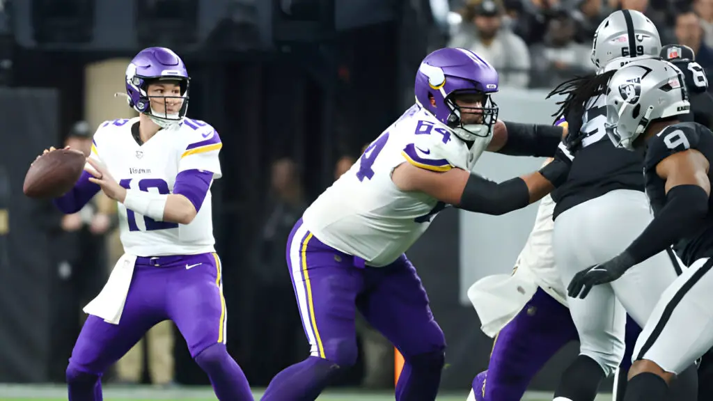 Minnesota Vikings quarterback Nick Mullens attempts a pass during the fourth quarter against the Las Vegas Raiders
