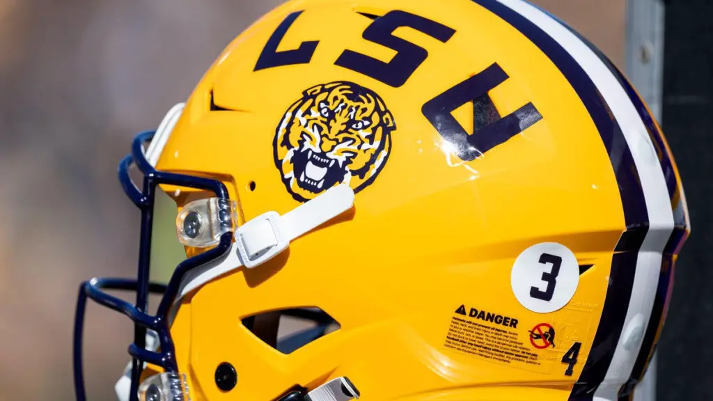 Detail view of an LSU Tigers helmet on the sidelines during the game against the Missouri Tigers