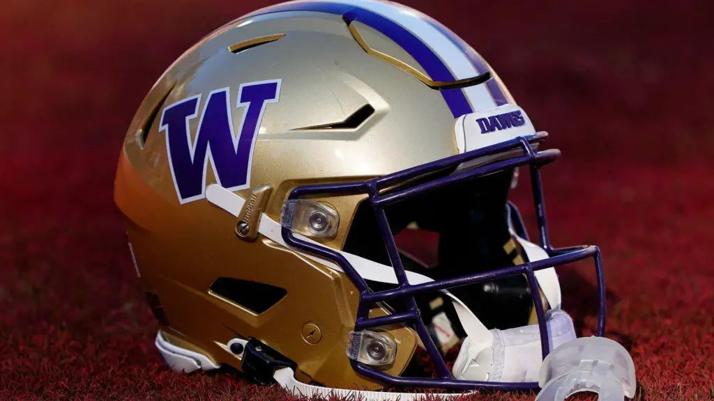 A detailed view of the helmets worn by the Washington Huskies against the Stanford Cardinal