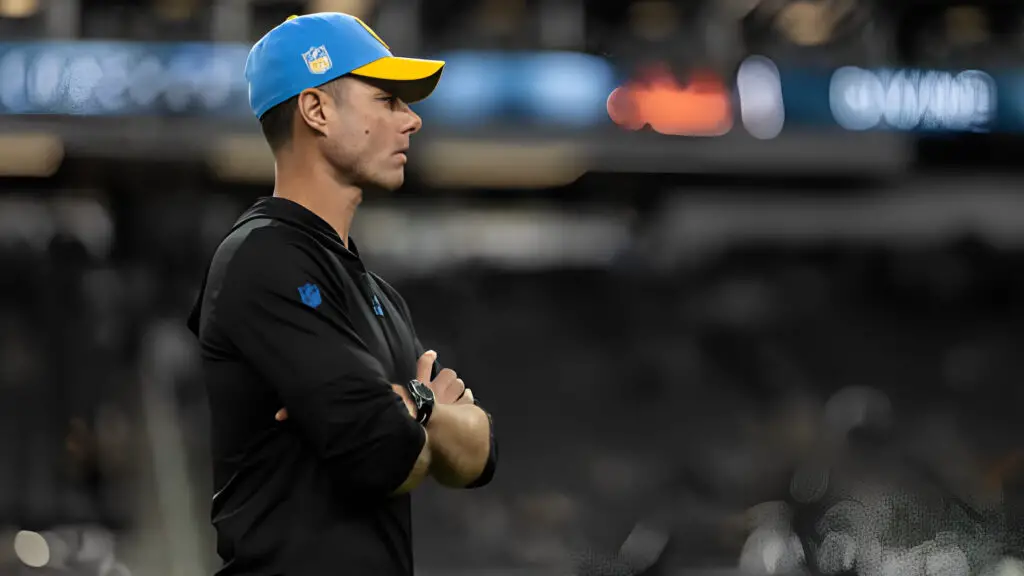 Former Los Angeles Chargers Head Coach Brandon Staley looks on before an NFL football game between the Las Vegas Raiders and the Los Angeles Chargers