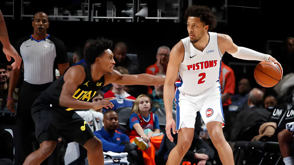 Detroit Pistons star Cade Cunningham handles the ball during the game against the Utah Jazz