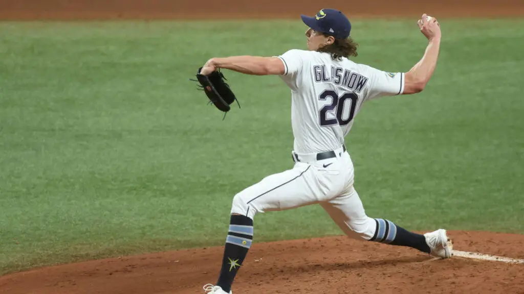Former Tampa Bay Rays pitcher Tyler Glasnow throws a pitch during Game 1 of the Wild Card Series between the Texas Rangers and the Tampa Bay Rays
