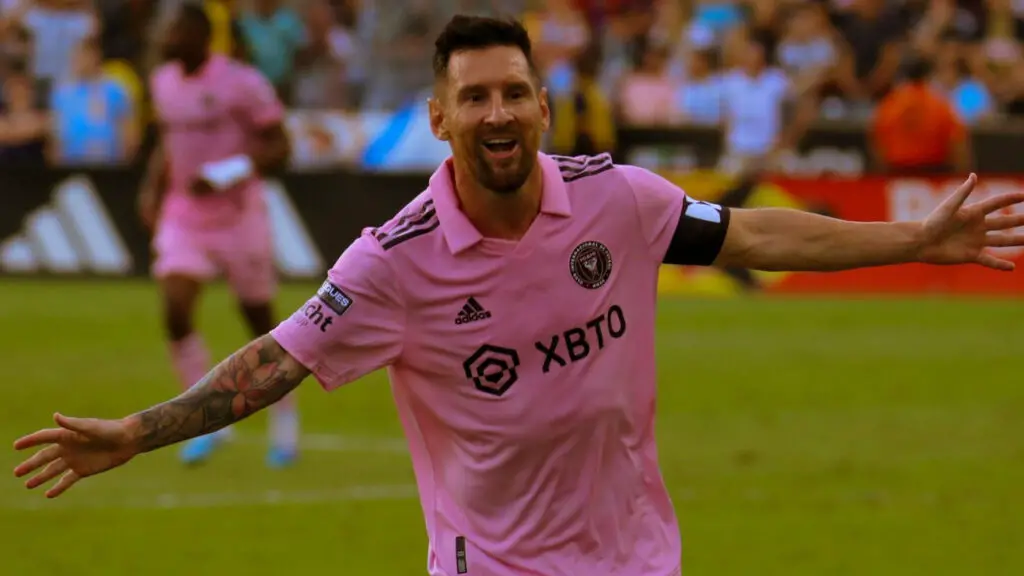 Inter Miami superstar Lionel Messi celebrates after scoring a goal against the Philadelphia Union in the Leagues Cup tournament