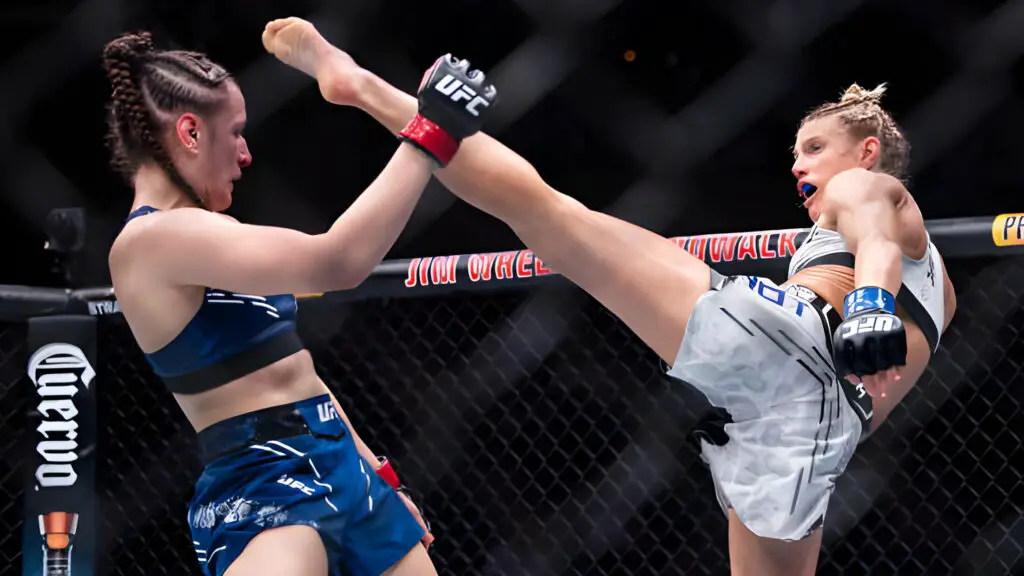 UFC fighter Manon Fiorot kicks Erin Blanchfield during UFC Fight Night