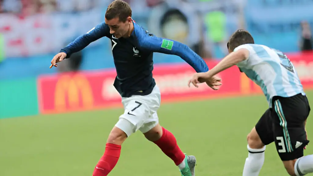 France forward Antoine Griezmann looks to get past Argentina defender Nicolas Tagliafico during their World Cup Round of 16 match