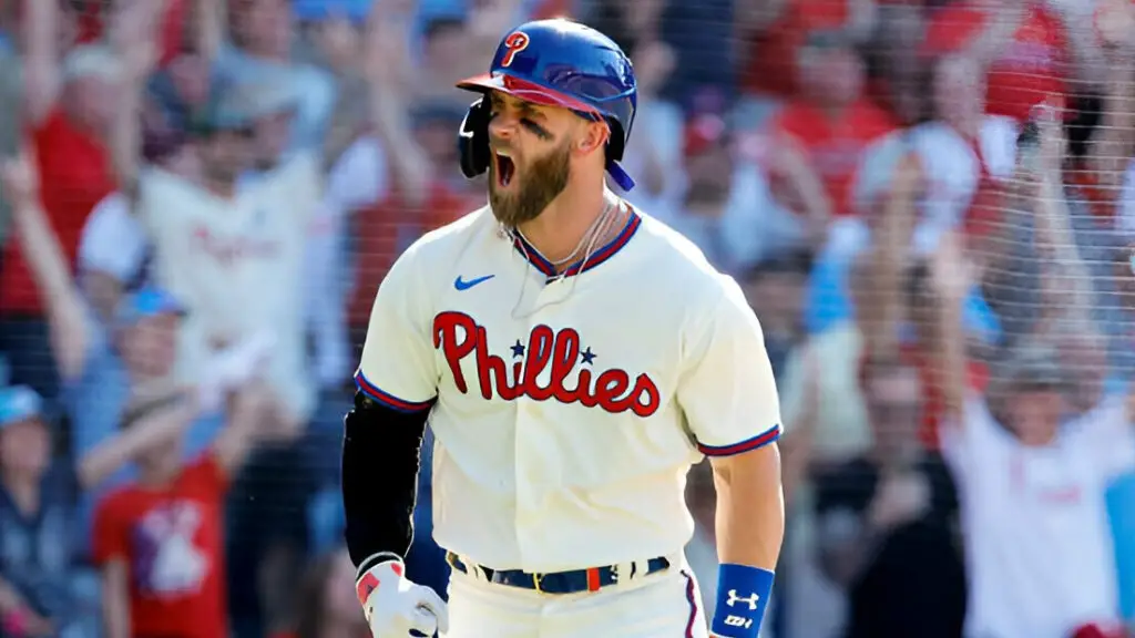 Philadelphia Phillies star Bryce Harper celebrates after hitting a grand slam during the eighth inning against the Los Angeles Angels