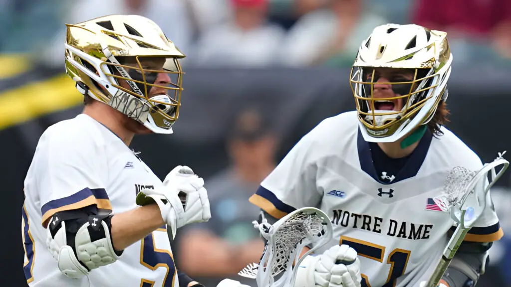 Notre Dame Fighting Irish superstar Chris Kavanagh celebrates his goal along with Pat Kavanagh against the Maryland Terrapins in the first half of the NCAA Division I Mens Lacrosse Championship game